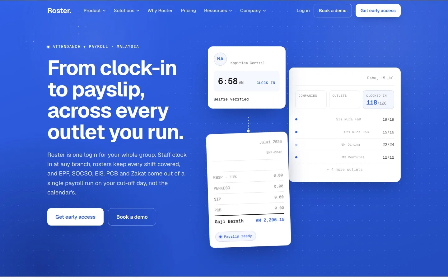 Roster home: selfie clock-in, owner dashboard, and a payslip