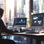 a man sitting at a desk with multiple computer screens, Top 5 Digital Transformation Trends for Small and Medium Businesses in 2025