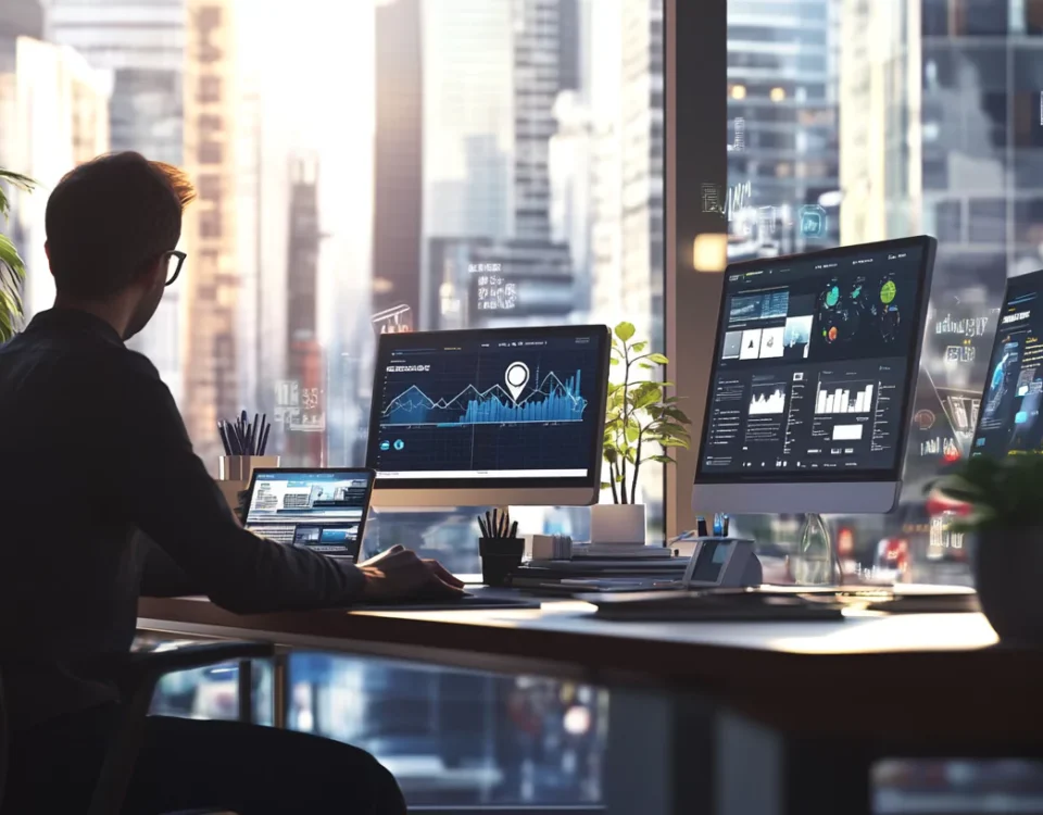 a man sitting at a desk with multiple computer screens, Top 5 Digital Transformation Trends for Small and Medium Businesses in 2025