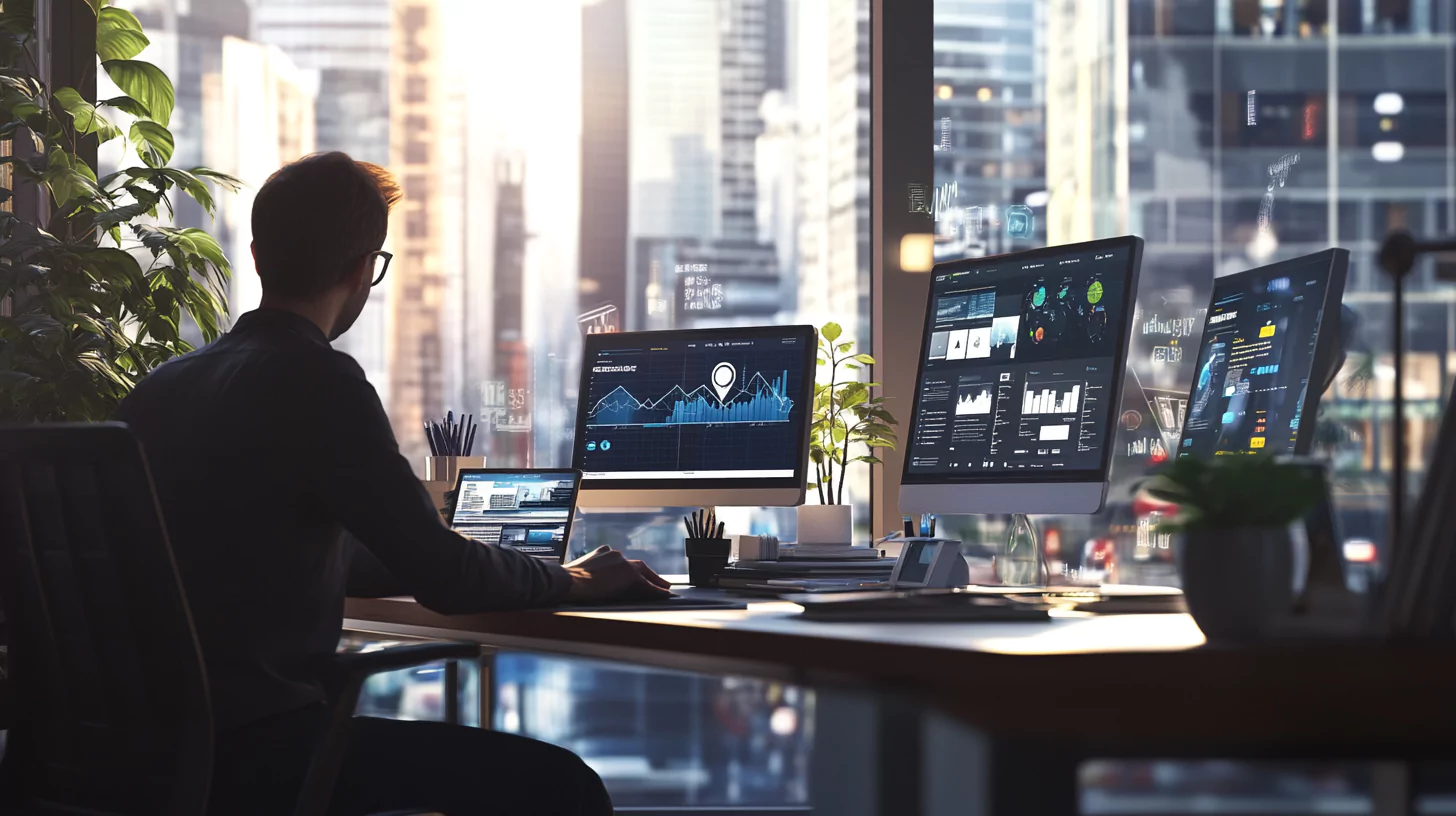 a man sitting at a desk with multiple computer screens, Top 5 Digital Transformation Trends for Small and Medium Businesses in 2025